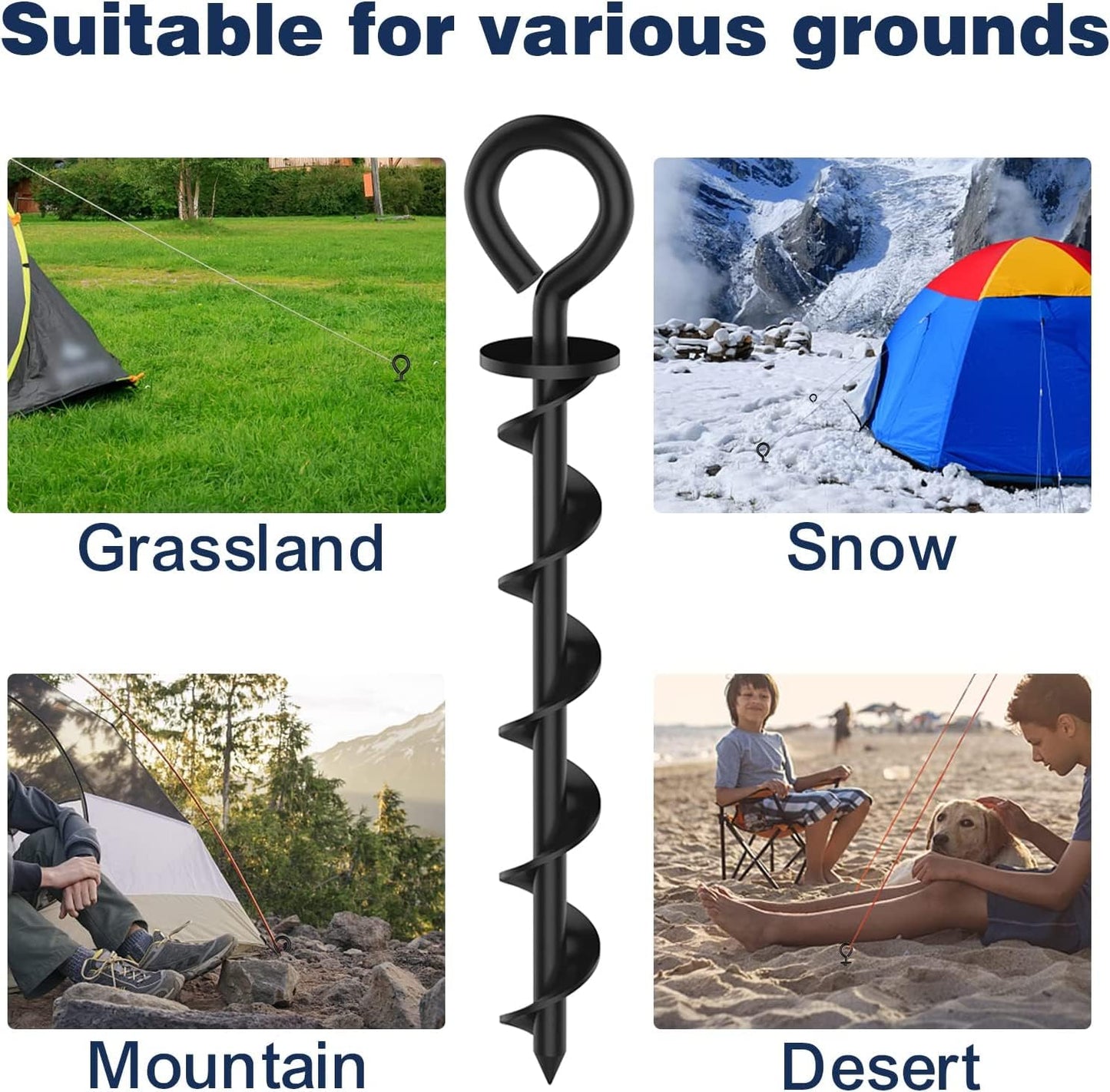 Eurmax USA 4 Pack Heavy Duty Ground Stakes,Industrial Grade Spiral Steel Screw-In Anchors with 4 Bonus Tie-Down Ropes,High Wind Stabilizing Kit for Trampolines,Dog Tie-Out,Canopies,Outdoor Sheds,Black