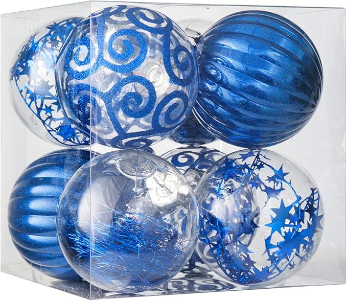 XmasExp 8ct Christmas Ball Ornaments Set -Large Clear Plastic Shatterproof Xmas Tree Ball Hanging Baubles Stuffed Delicate Glittering for Holiday Wedding Xmas Party Decoration (100mm/3.94",Blue)