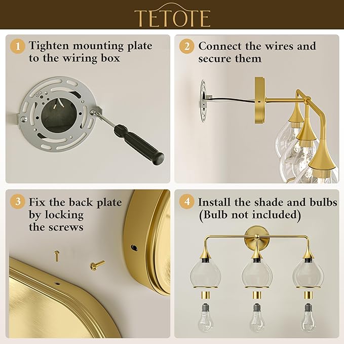 TETOTE 2-Light Modern Bathroom Light Fixtures, 2 Light Vanity Lights Over Mirror Gold Wall Lamp with Clear Glass for Bathroom, Mirror, Living Room, Bedroom, Hallway