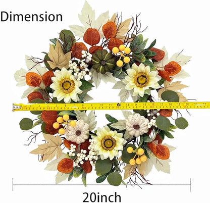 20 Inch Fall Sunflower Wreath for Front Door, Artificial Autumn Wreath with Pumpkins, Berries, White Sunflowers and Silk Leaves for Thanksgiving Farmhouse Home Window Wall Office Indoor Outdoor Decor