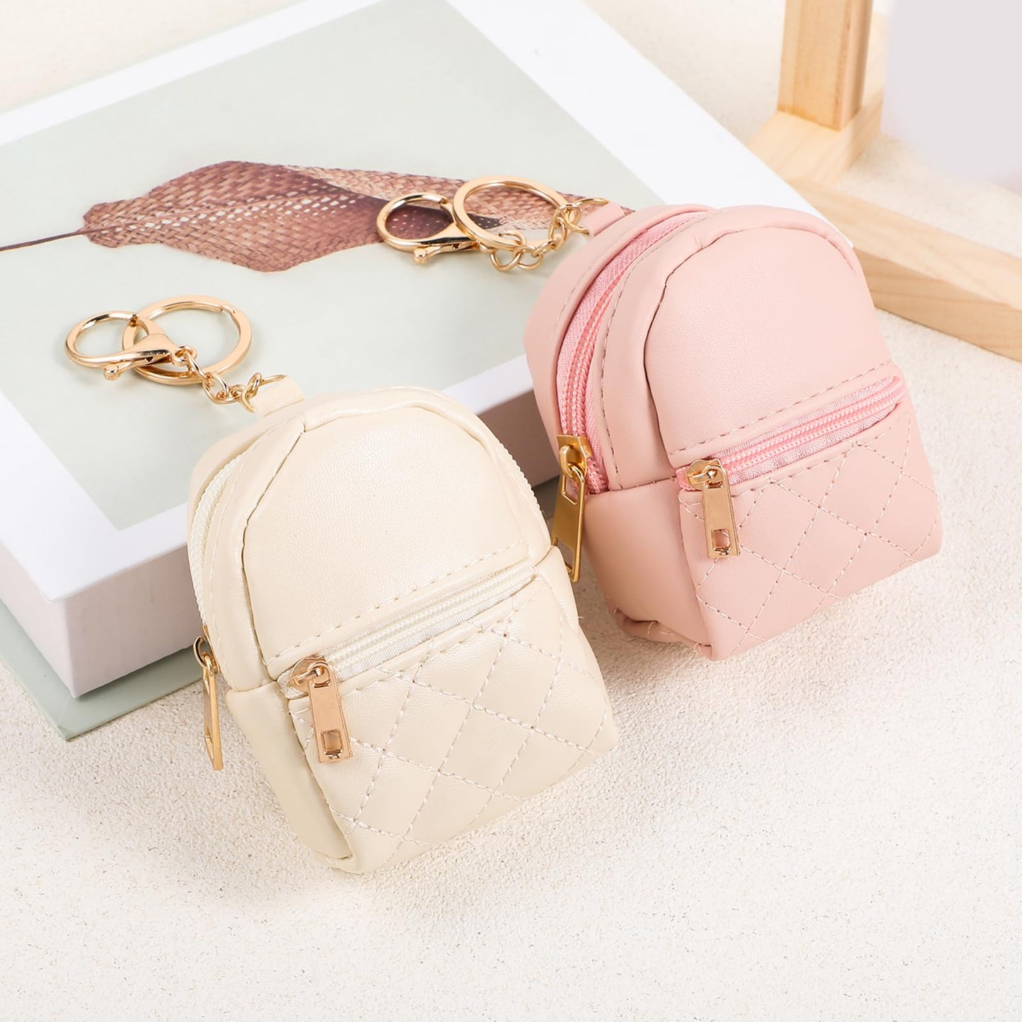 2Pcs Mini Backpack Cute Cosmetic Bag for Women Creative Pendant Keychain Key-chains Keyrings PU Leather Makeup Bag Key Pocket Lipstick Bag Card Holder Data Cable Organizer Zipper Pouch for Women Girl