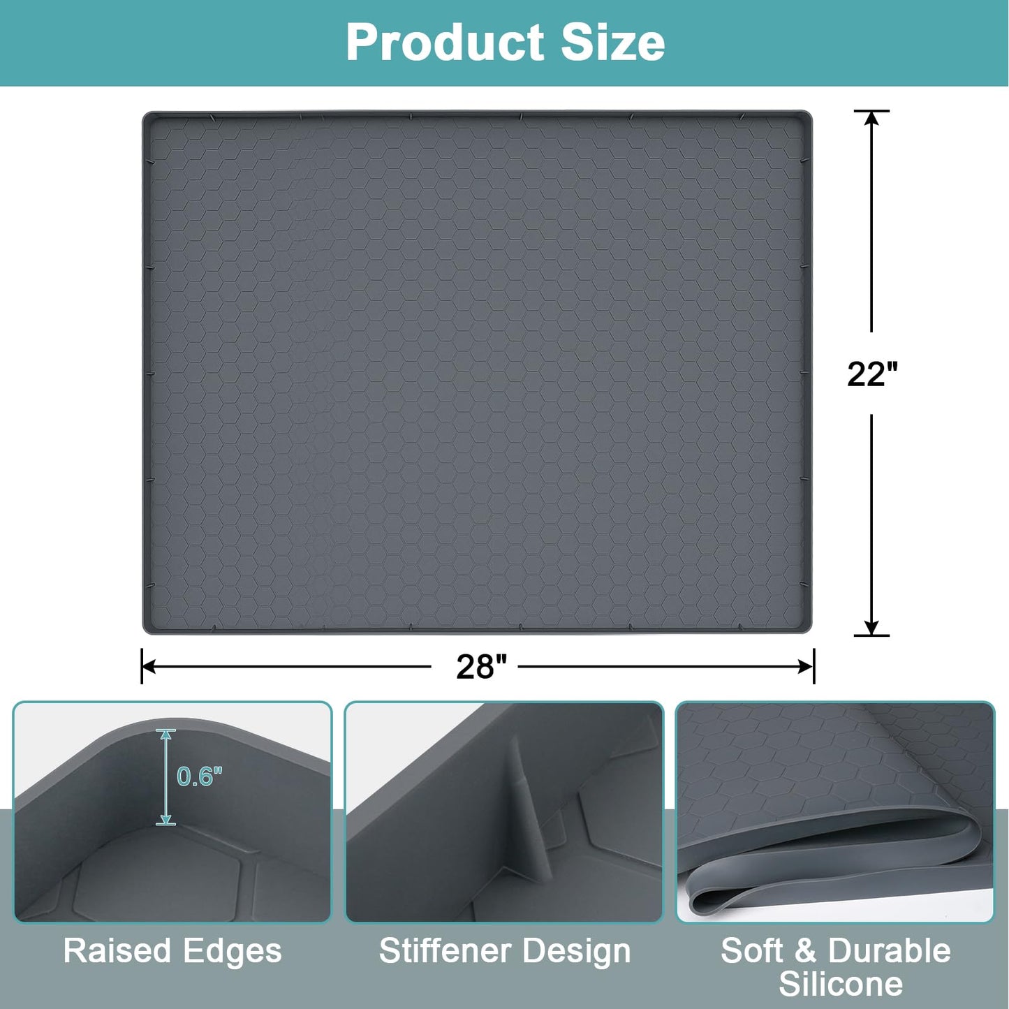 Under Sink Mat 28" x 22", Silicone Under Kitchen Sink Mat, Waterproof Under Sink Protector Mat, Shelf Liners Cabinet Liner for Kitchen and Bathroom, Gray