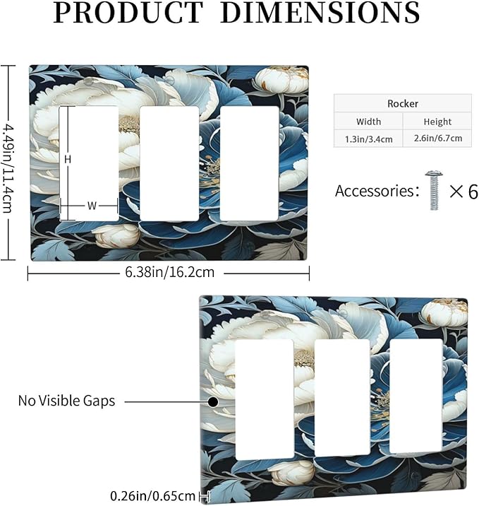White Blue Flower Peonies 3 Gang Rocker Triple Outlet Wall Plate Decorative Switchplate Cover Faceplate GFCI Light Switch Covers for Farmhouse Living Decor