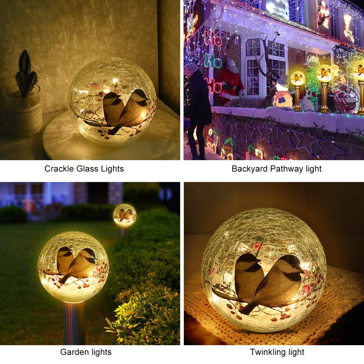 Glass Ball LED Night Lamp with Timer (6 Hour On/18 Hour Off), Showcasing 2 Birds on a Tree - 5.9 inch Battery Powered Lights Globe lamp Christmas Lights for Festive Decor and Girls Gift