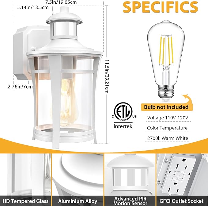 Porch Lights with Outlet,2 Pack Outdoor Motion Sensor Lights,Dusk to Dawn Exterior Light Fixture,White Anti-Rust Waterproof Outdoor Wall Light,Aluminum Outside Lights for House Patio Front Door Garage