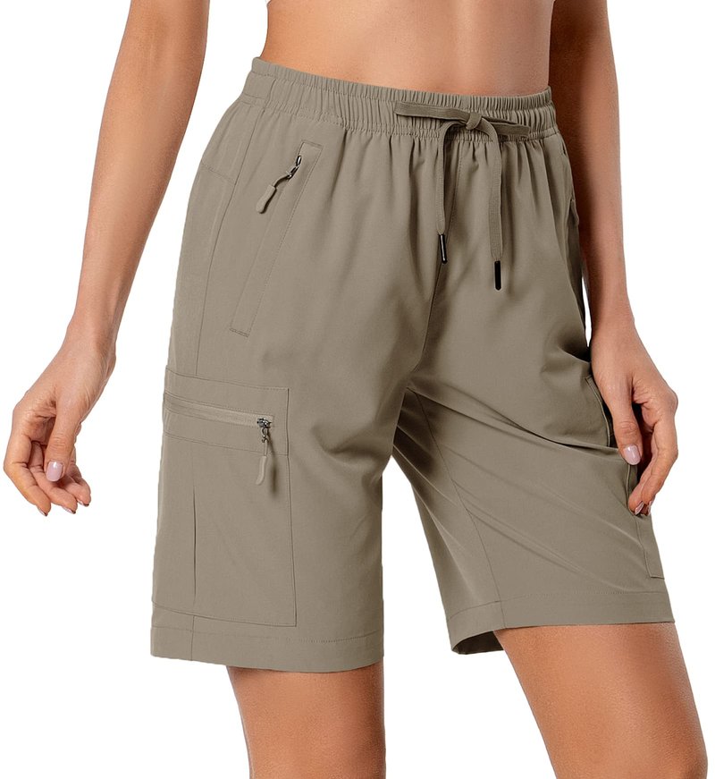 Hugut Women's Lightweight Hiking Cargo Shorts Quick Dry Athletic Shorts Camping Travel Golf Zipper Pockets Water Resistant Dark Khaki