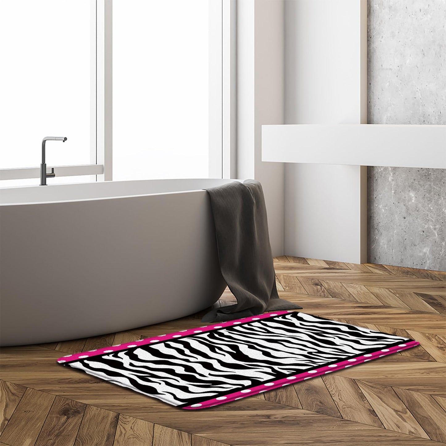 Sunhe Zebra Print Bath Mat Black White Zebra Stripe Polka Dot on Pink Creative for Girls Woman Modern Romance Memory Foam Home Office Door Bathroom Decor Mat,17.8"x29.5"