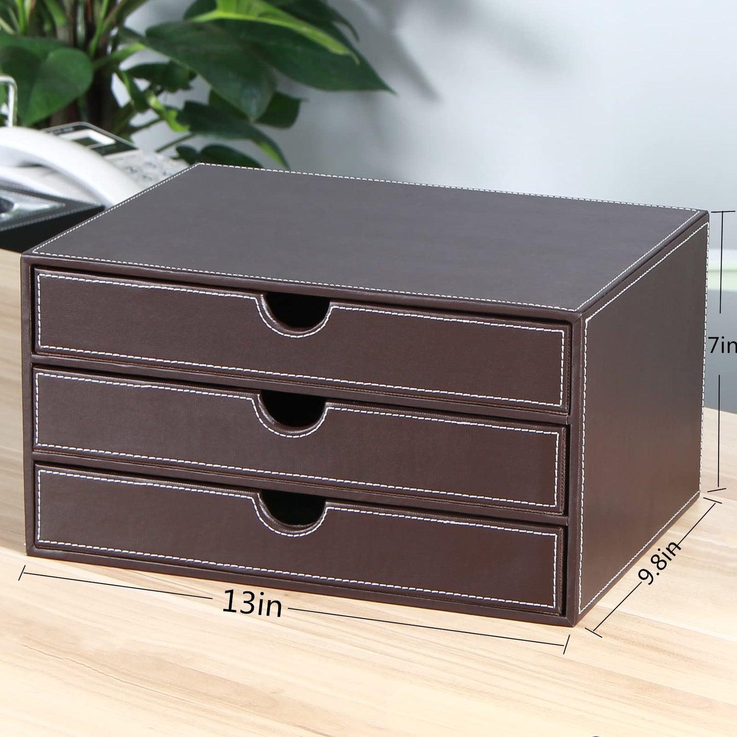 RHCSZ Stackable 3-Drawer Desk Organizer, Executive Office Supplies Desktop Filing A4 File Cabinet/Holder, Leather Storage Box for Document/Paper/Home Decor Accessories (brown)…