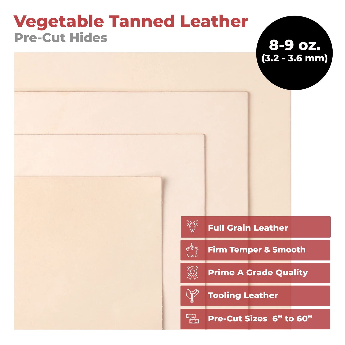 ELW Vegetable Tanned Leather 8-9 Oz. (3.2-3.6mm) Thickness | Pre-Cut 12"x24" | Tooling Leather Cowhide - Full Grain Leather Good for Crafting, Saddlery, Home Decor, Holsters, Knife Sheaths, Stamping