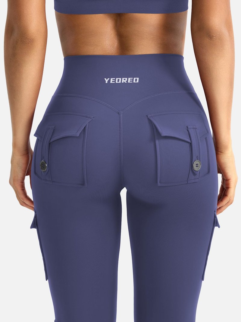YEOREO CoreFlex Women Workout Flare Leggings with Pockets Hidden Scrunch High Waisted Cargo Gym Yoga No Front Seam Leggings Dark Blue L