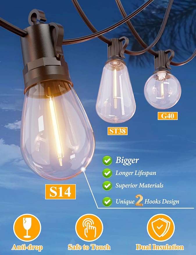 Brightever 120FT Outdoor String Lights Waterproof, LED Patio Lights with 34 S14 Shatterproof Vintage Bulbs(2 Spare), 2700K Outside Hanging Decorative Lights for Cafe, Bistro, Party, Birthday, Holiday