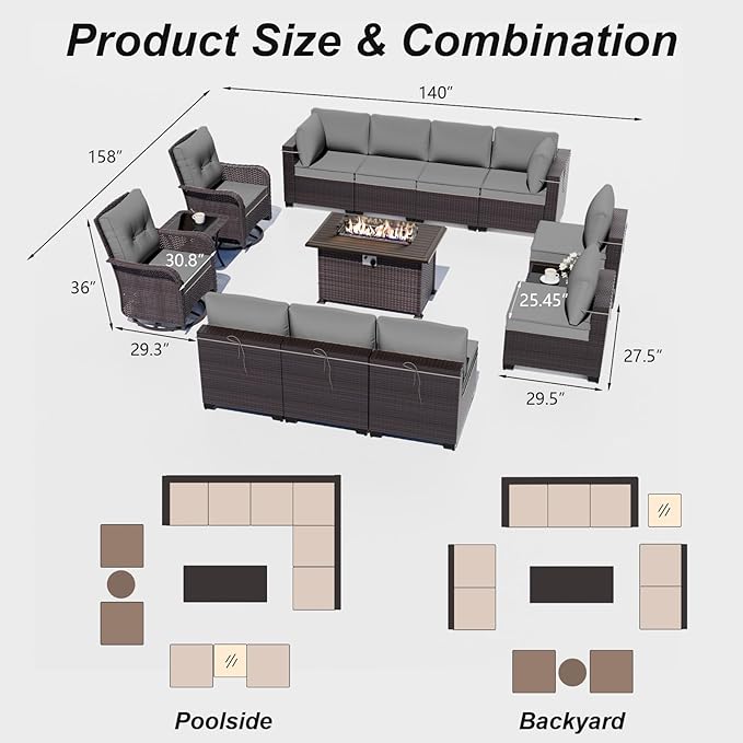 ALAULM 13 Pieces Patio Furniture Set with 2 Swivel Chairs Patio Furniture Outdoor Sectional Sofas with 55000 Gas Fire Pit Patio Conversation Set w/10 Cushions-Grey