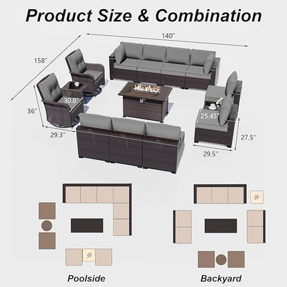 ALAULM 13 Pieces Patio Furniture Set with 2 Swivel Chairs Patio Furniture Outdoor Sectional Sofas with 55000 Gas Fire Pit Patio Conversation Set w/10 Cushions-Grey