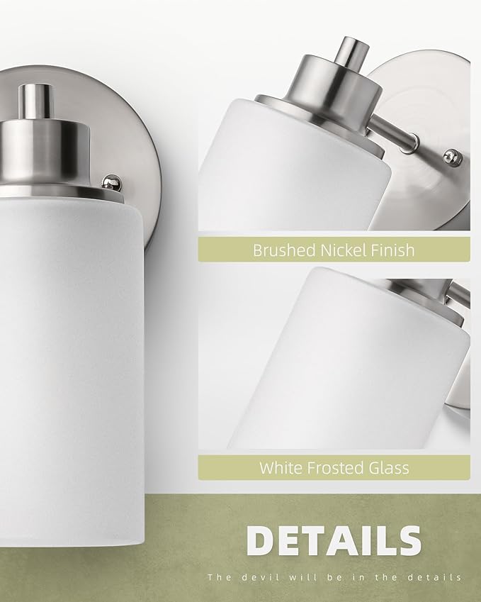 2 Pack Modern Elegant Wall Sconces Bath Vanity Light Fixtures Wall Mounted Lighting Brushed Nickel White Frosted Glass Shade
