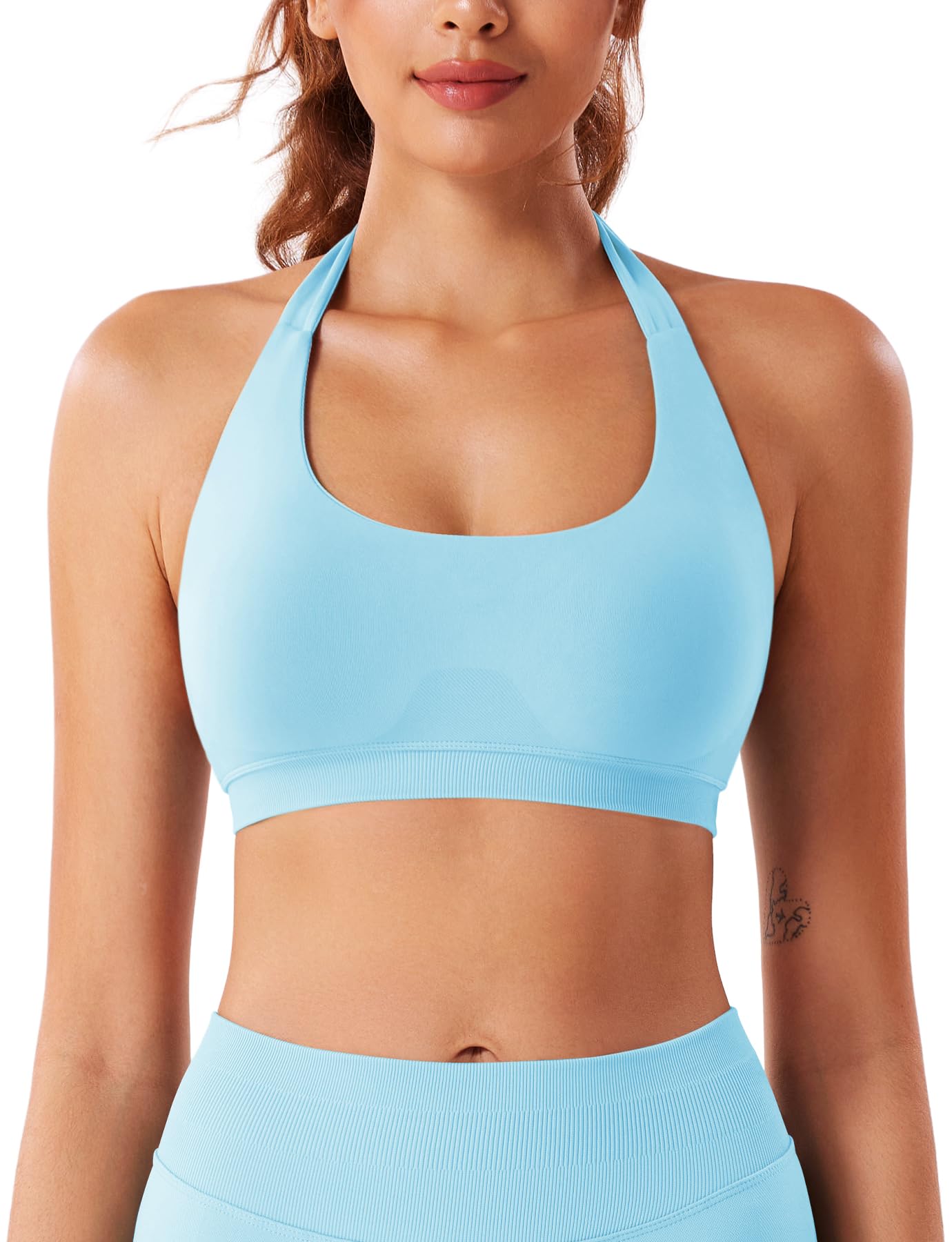 VOYJOY Women Workout Impact Bras Medium Low Support Halter Sports Bras Seamless Open Back Gym Padded Yoga Crop Top Light Blue S