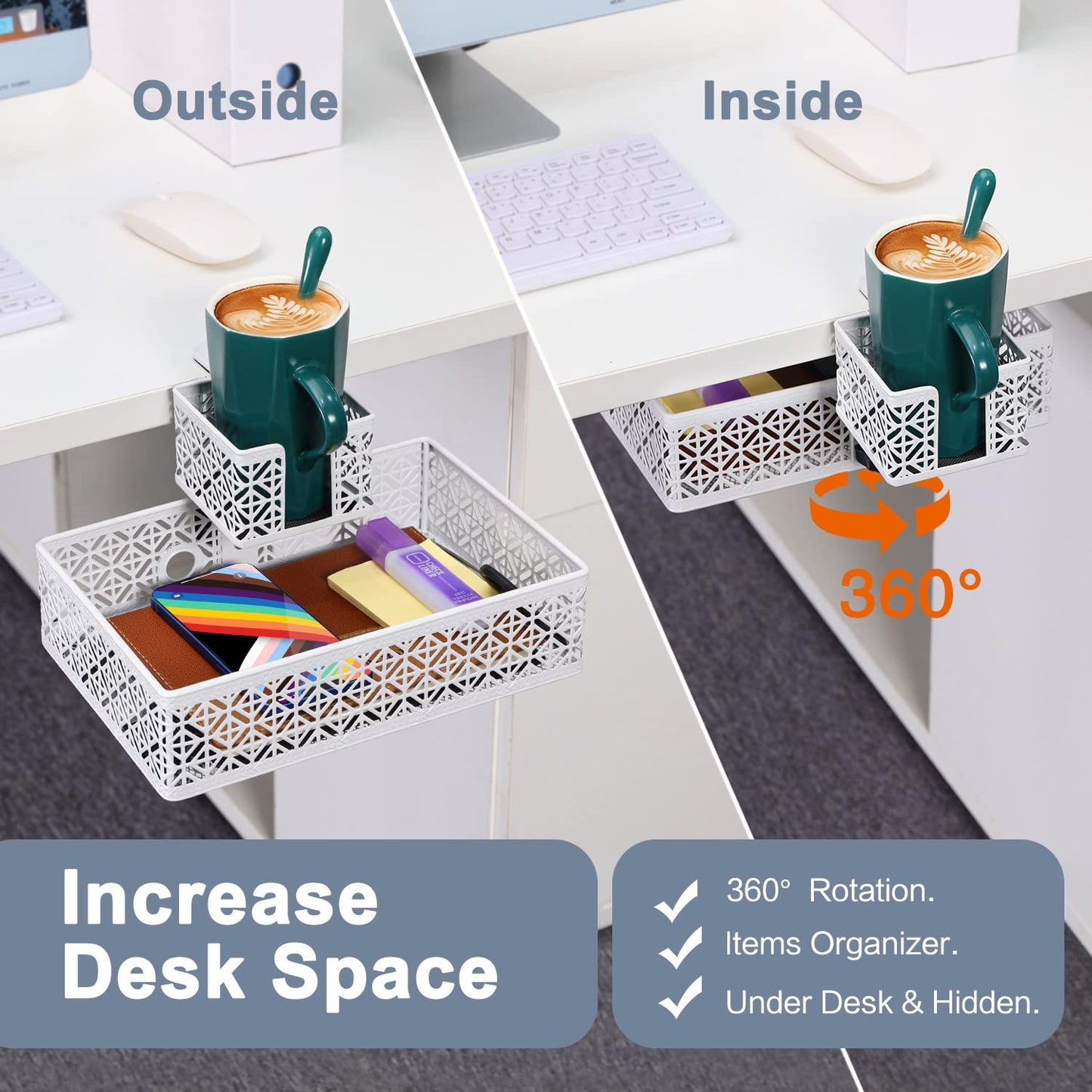Aurynns Under Desk Drawer Organizer Clip-on Cup Holder Under Desk Storage Drawers Rotated Under Table Drawer for Desk Organizer Clamp Phone Holder Paper Drawer (White)
