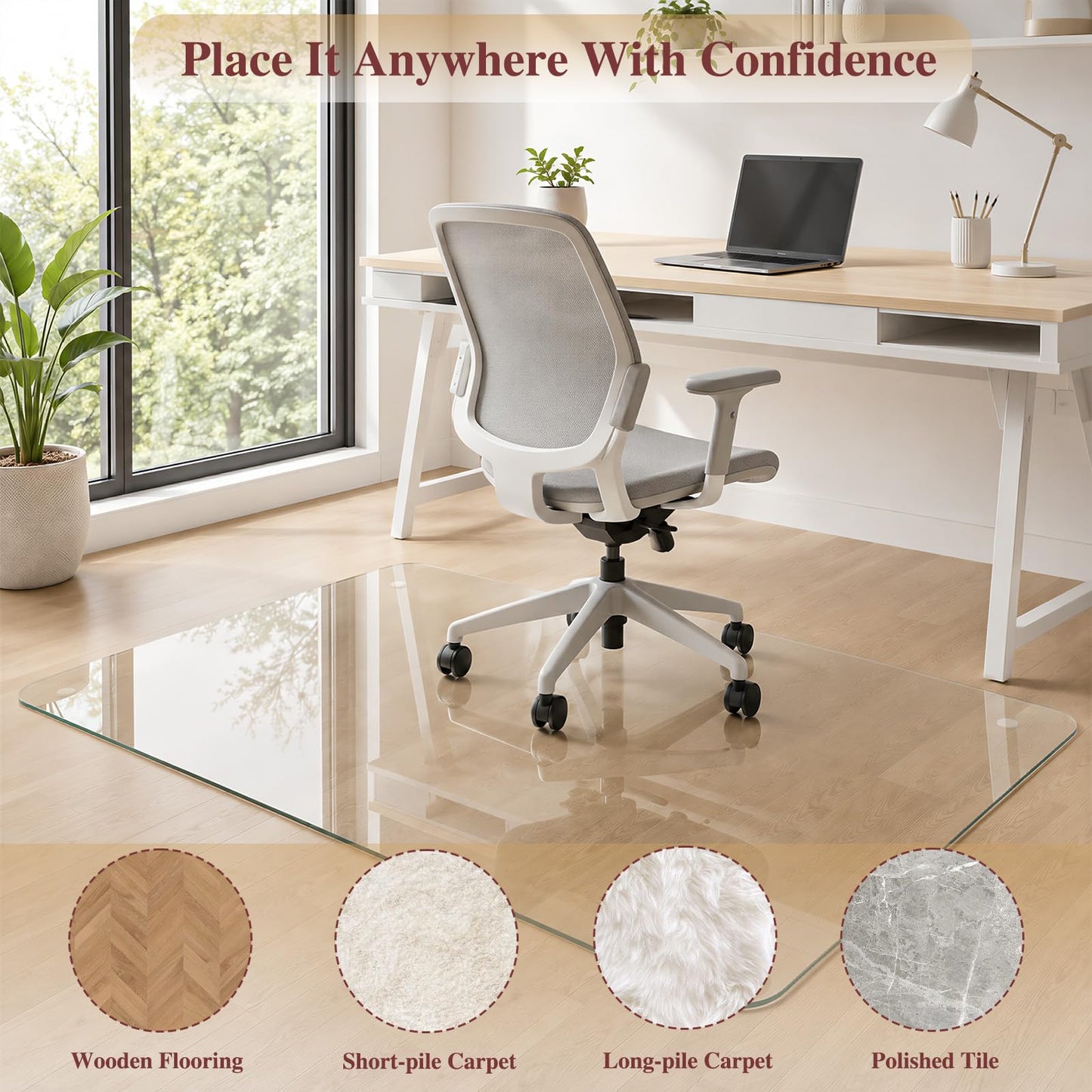 MYSUNORIA Tempered Glass Chair Mat, 42"x48" Office Chair Mat for Hardwood Floor, Clear Computer Chair Mat, 4 Non‑Slip Pads, Smooth Glide & Easy Clean, Carpet Hardwood Floor Protector
