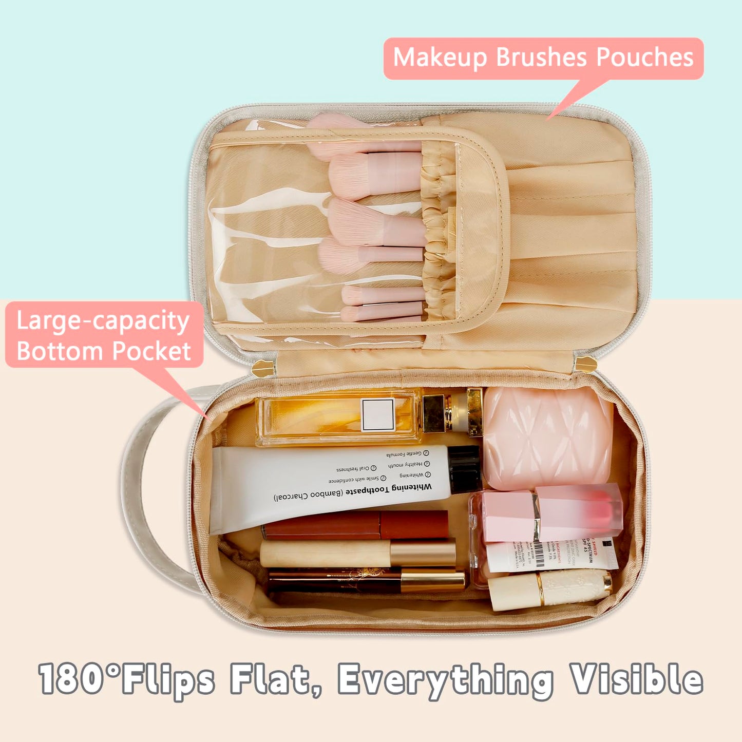 CLOUDWINGS Initial Makeup Bag for Women - Personalized Double Layer Cosmetic Bags with Makeup Brush Organizer, Hanging Travel Toiletry Bag with Large Capacity, Gifts for Mom Girlfriend Wife（Beige J）