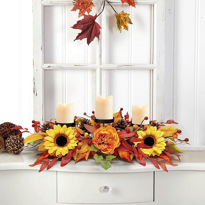 Fall Centerpiece Table Decorations, 27.5'' L Assorted Artificial Peony, Sunflowers, Berries, Autumn Leaves, Pine Cones, Harvest Table Candle Holder for Dinning Table, Fireplace (Candle Not Included)