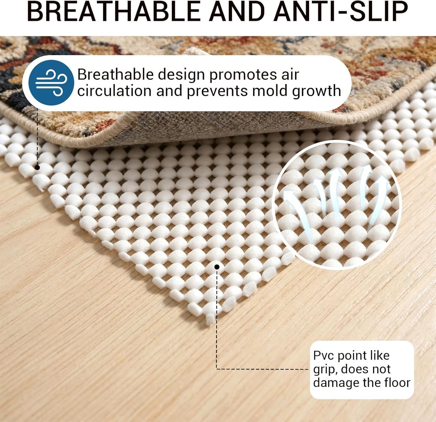 Non Slip Rug Pad Gripper for Hardwood Floors, 3x5 FT Anti Slide Rug Underlay, Eco Safe Odor Free, Cushioned Floor Protector, Cut-to-Size Multi-Purpose Pad