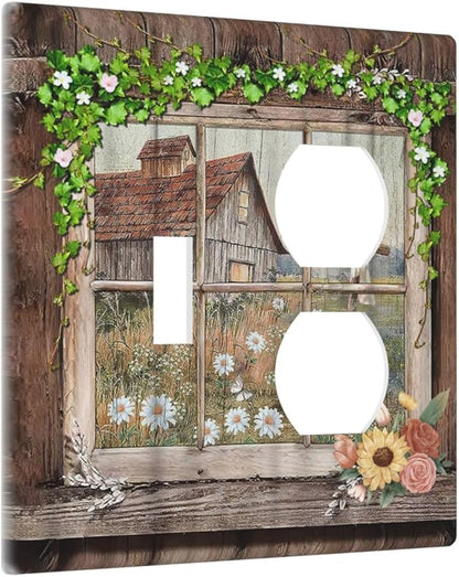 Decorative Light Switch Cover Plate Farm Barn Farmhouse Rustic Country Flower 2 Gang Outlet Covers 1 Toggle 1 Duplex Wall Plate Decorate Electrical Switch Plate Covers for Bathroom Home
