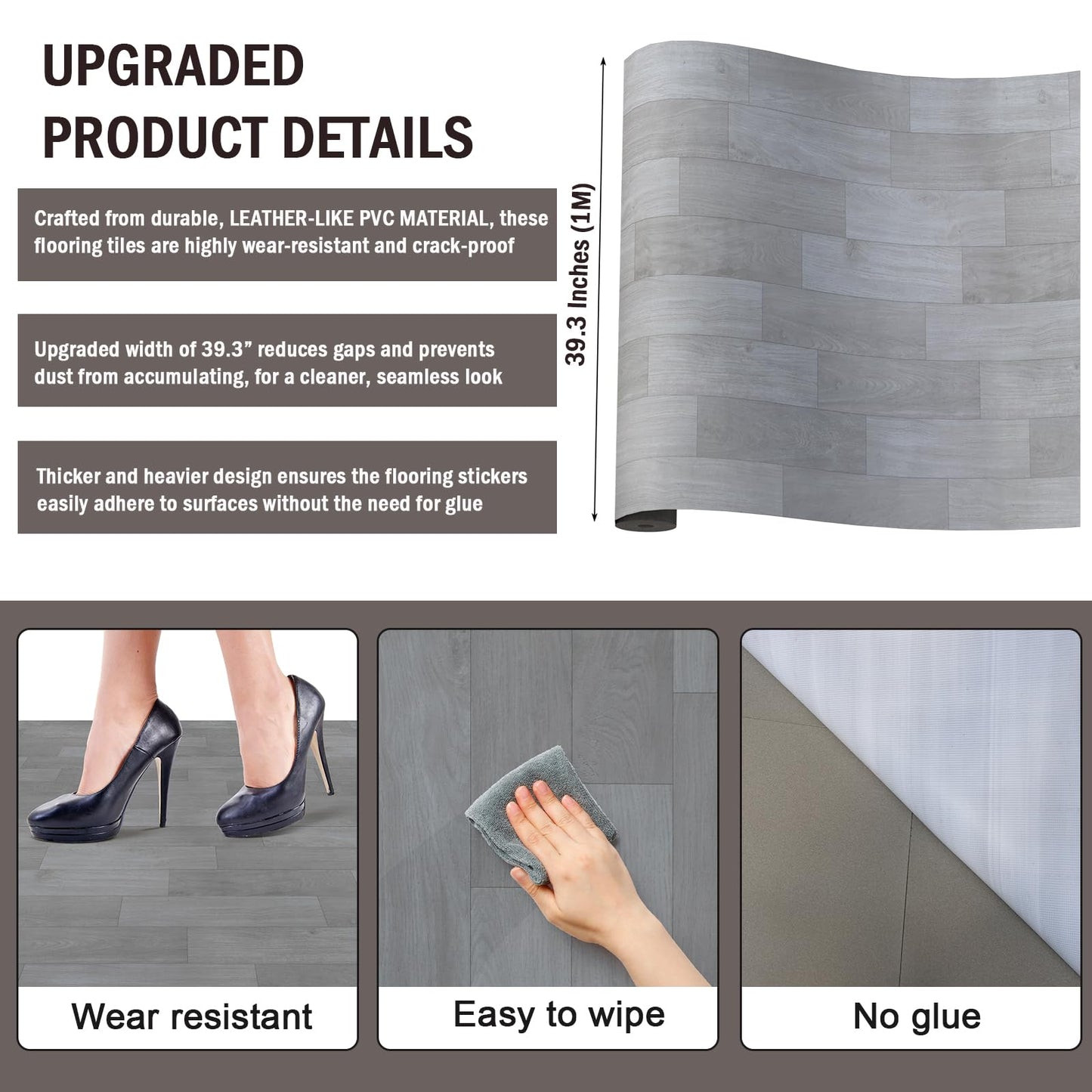 Oxdigi Vinyl Flooring Roll 32 sq.ft | 3'4"W x 9'10"L, PVC Leather-Like Linoleum Floor Covering, Waterproof Durable Heavy Vinyl, Easy to Install with Tape, Removable- No Adhesive Backing, Grey Oak