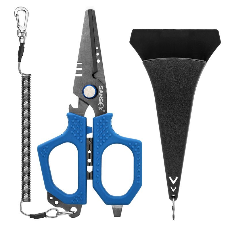 SAMSFX 6.5" Pro Fishing Shears Dual Serrated Blades, Fishing Braided Line Scissors with Titanium Coating, Non-Slip Grip & Multifunction Tool, Includes Hard Molded Locking Sheath & Coiled Lanyard