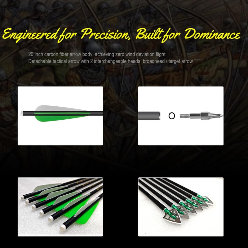 e5e10 Crossbow Bolts 20 Inch Carbon Crossbow Arrows Kit Included 12 pc Carbon Archery Arrows & 6 pc Hunting Broadheads & 2 pc Targets Paper Made Degradable Plastic for Hunting, Practice(Green)