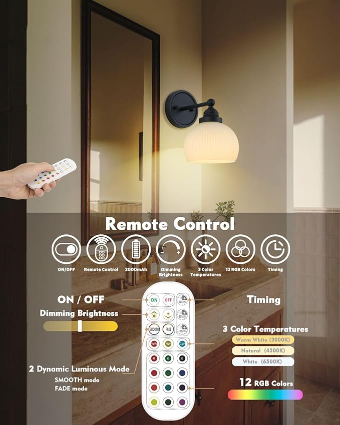 HEQIQEH Vintage Rechargeable Battery Operated Sconce Wall Lighting with Remote Control, Dimmable Ribbed White Glass Shade Wall Mounted Lamp Fixture for Bedroom Vanity Bathroom Living Room