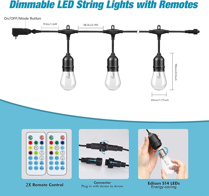 96FT Outdoor String Lights, 30 Shatterproof Edison LED Bulbs, Dimmable RGB Color Changing Patio Lights Waterproof with Remote. for Patio Decor, Garden, Yard,Commercial Use.