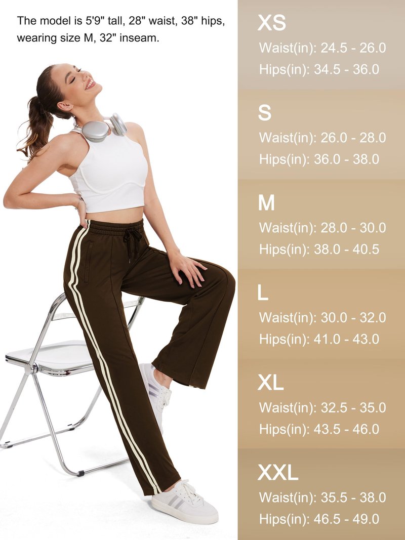 Tapata Long Womens 32" Inseam Track Pants Relaxed Fit Striped Workout Sweatpants Baggy Trousers with Zipper Pockets, Brown, L