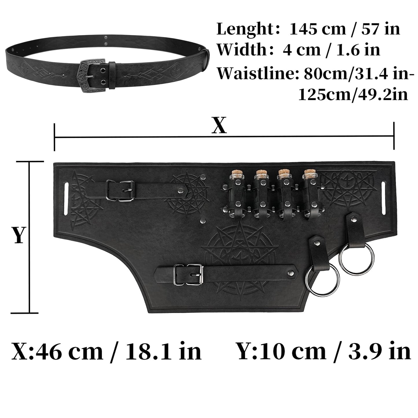 HiiFeuer 4 PCs Medieval Alchemy Belt Costume, Fantasy Faux Leather Wizard Potion Holder Belt with 4 Cork Vials and Belt Bag (Black A)