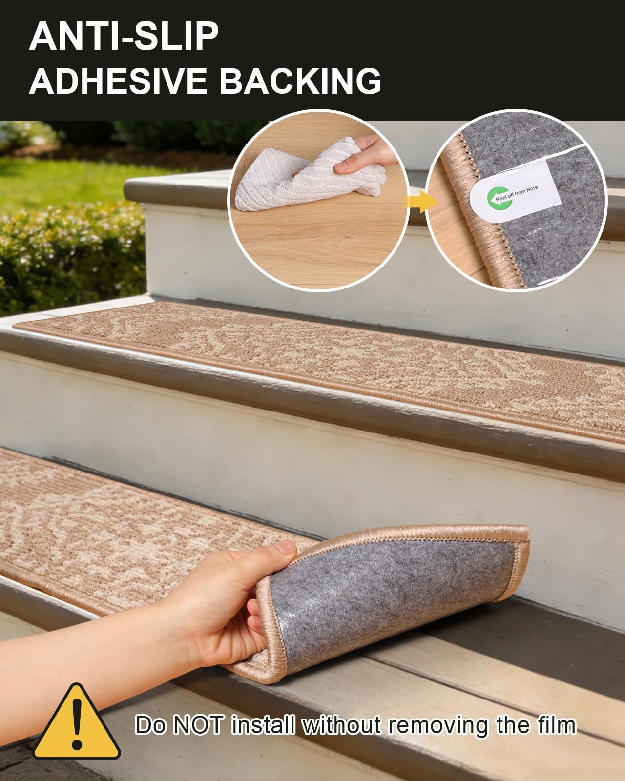 SALLOUS Soft Carpet Stair Treads for Wooden Steps, 15 Pack 8"x30" Non Slip Washable Stair Runners for Indoor Stairs, Quiet & Comfortable Peel and Stick Stair Mats for Kids, Dogs & Elderly (Yellow)