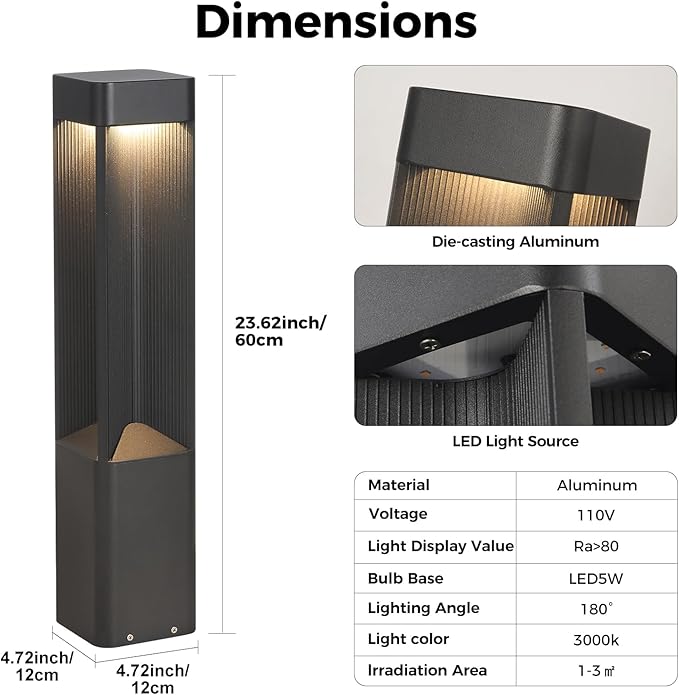 3000K Pathway Lights Black Landscape Path Light Outdoor Waterproof Garden Floor Lamp Modern Walkway Lights LED Warm Light Bollard Lighting Hardwired Aluminum Lawn Post Lights for Entrance Patio Porch