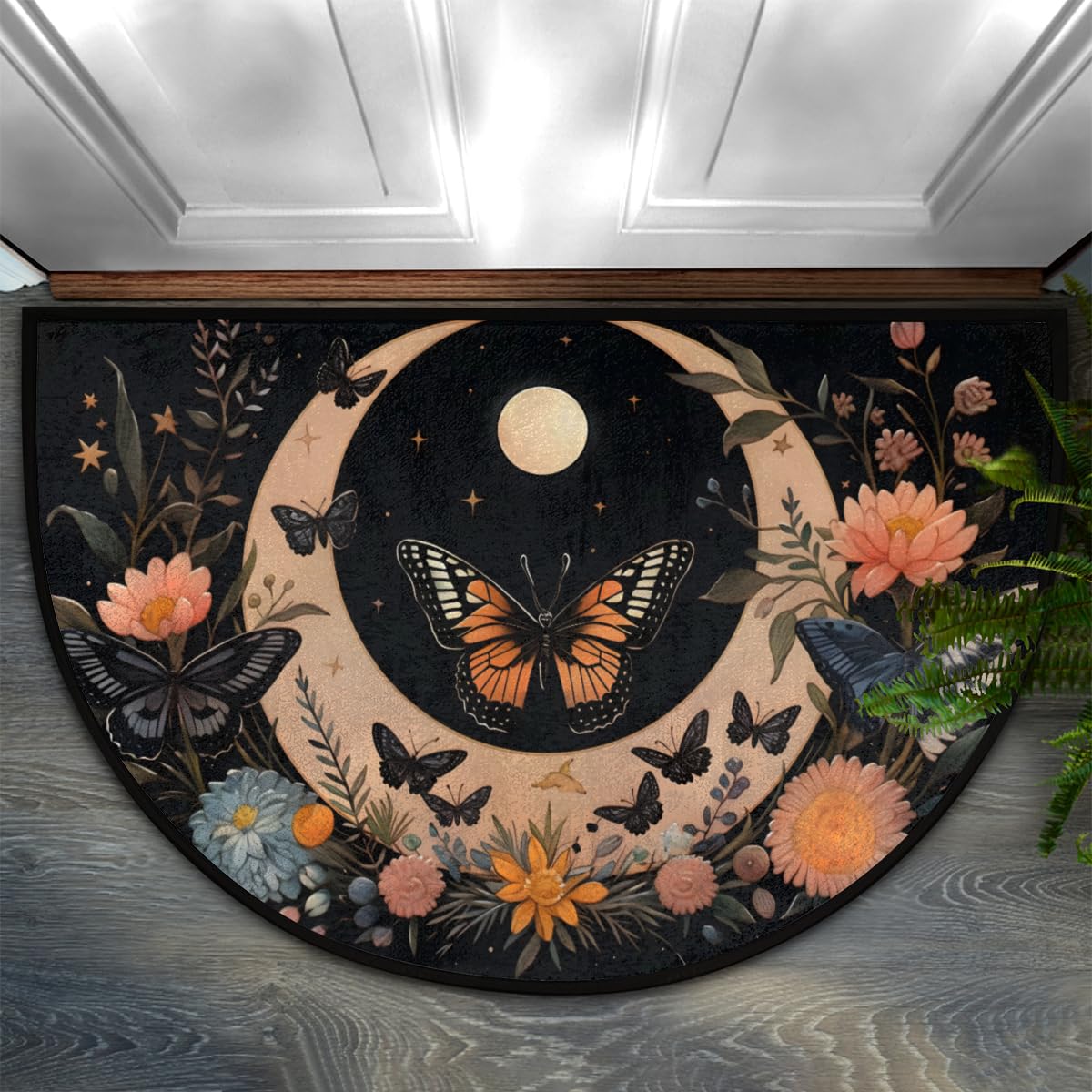 Half Round Door Mat,Art Moon Butterfly Flower Non Slip Absorbent Entrance Doormat,Welcome Mat for Front Door,Low-Profile Semi Circle Floor Mats Area Rugs for Home Kitchen Garage Patio,36" x 24"