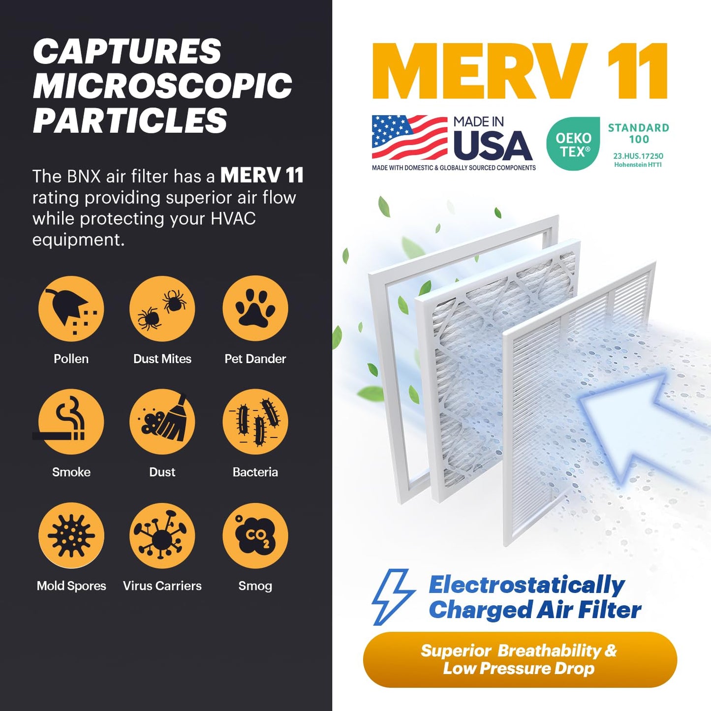 BNX TruFilter 14x14x1 Air Filter MERV 11 (6-Pack) - MADE IN USA - Allergen Defense Electrostatic Pleated Air Conditioner HVAC AC Furnace Filters for Allergies, Dust, Pet, Smoke, Allergy MPR 1200 FPR 7