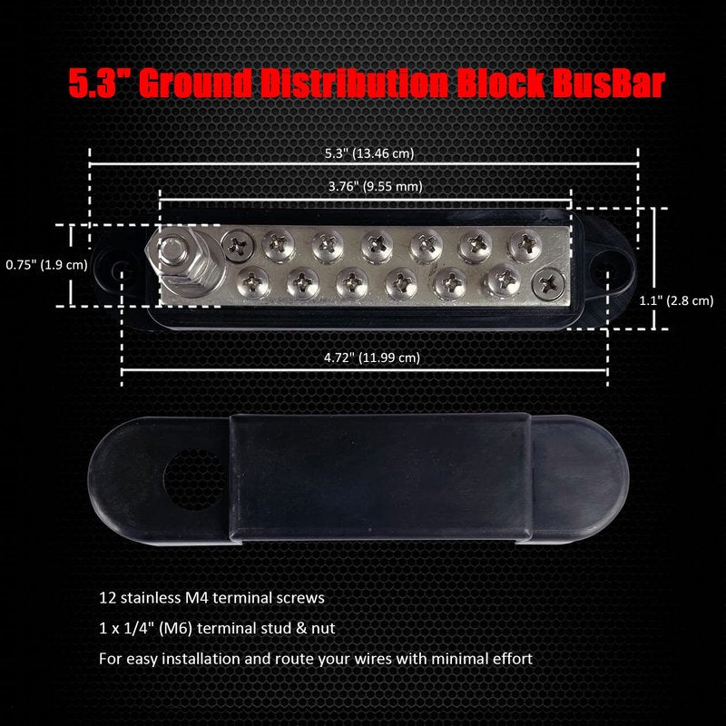 1/4" Stud Power Distribution Block Bus Bar with 12 x #8 Screws, Ampper 5.3" 12V 150A Marine BusBar Battery Distribution Block W/Cover for Car Audio Boat Solar (Black)