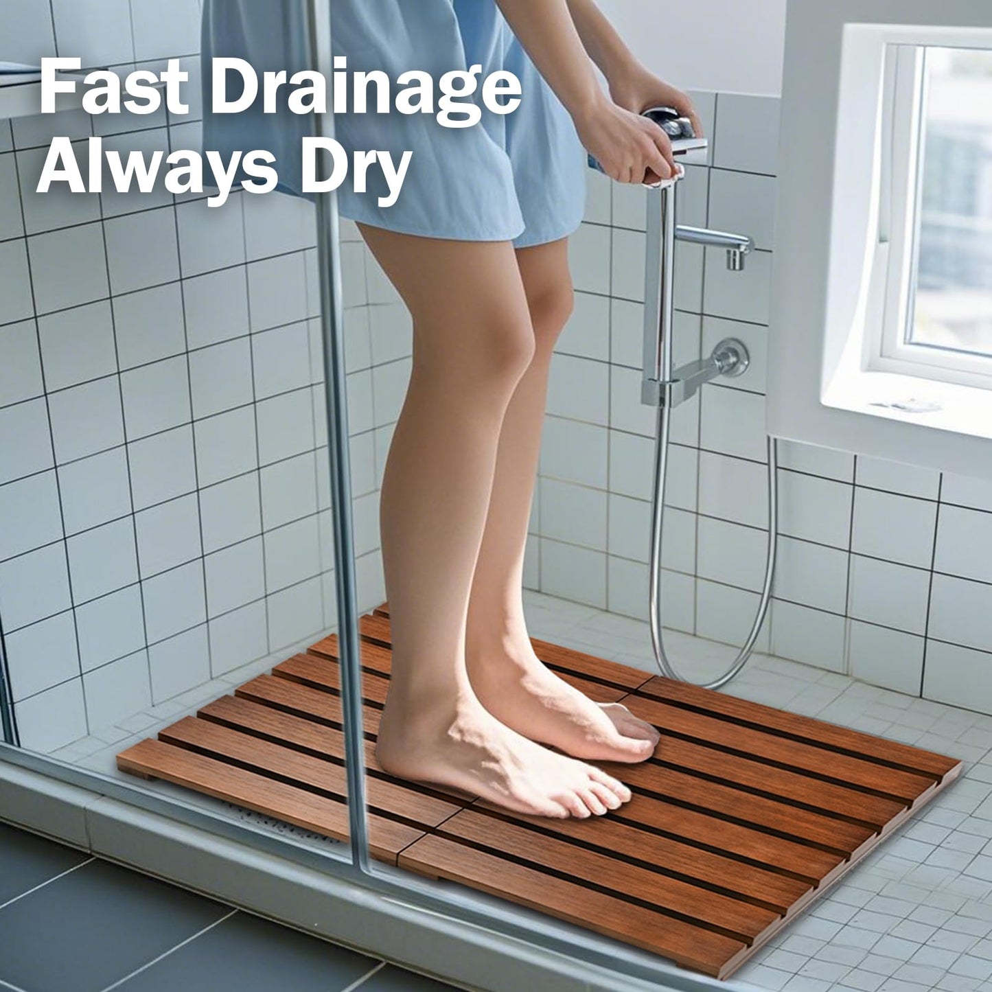 Teak Shower Mat, Foldable Wooden Shower Mat with Non-Slip Rubber Feet, Teak Bath Mat for Bathroom, Bathtub, Spa, Sauna, Pool, Indoor Outdoor Use, Water-Resistant Wood Floor Mat
