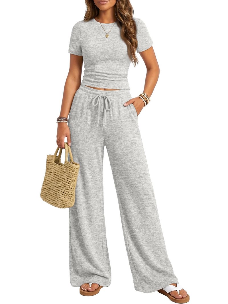 Trendy Queen Womens Lounge Two 2 Piece Sets Summer Spring 2026 Airport Outfits Travel Matching Sweatsuit Sweat Suit Workout Cruise Clothes Vacation Loungewear Pajamas Fashion Holiday Light Grey L