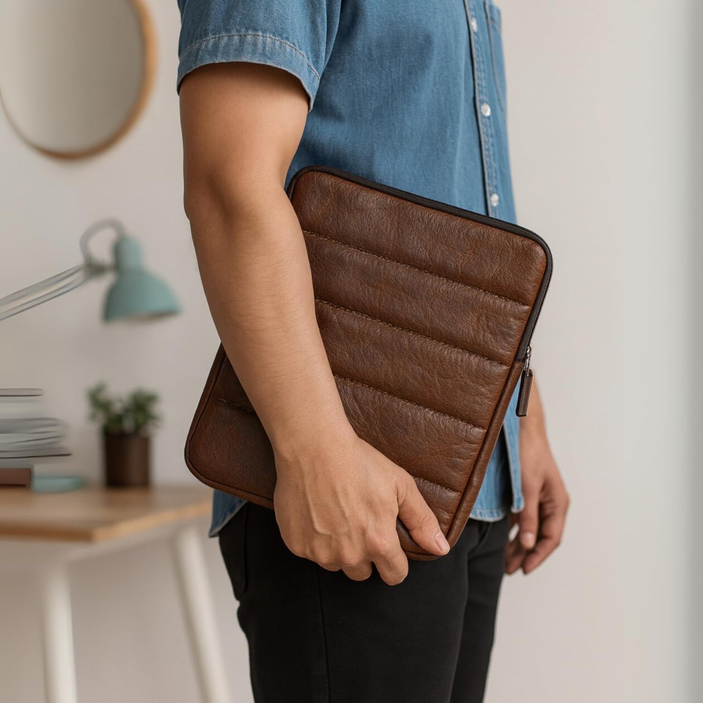 Genuine Leather – The Original Puffy Tablet Sleeve 9–11 Inch Case, Leather Air Pouch for Women & Men, Fits 9th/10th Gen, Pro 11", Air 10.9" + Magic Keyboard (Saddle Brown)