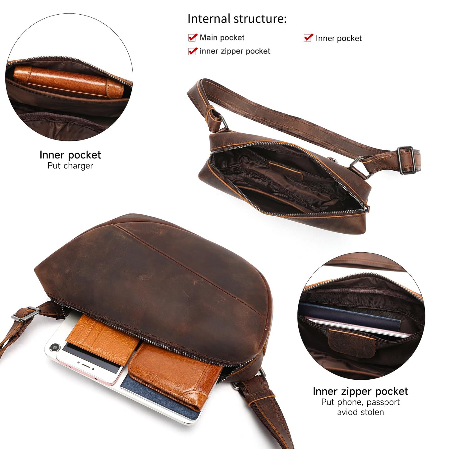 NIUCUNZH Genuine Leather Mens Sling Bag for Women Vintage Small Crossbody Bags Purse for Hiking Travel Chest Daypack (coffee)