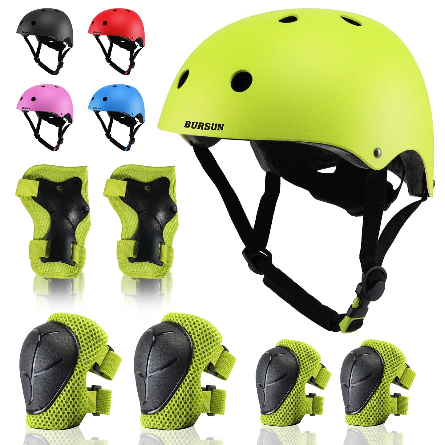 BURSUN Kids Bike Helmet Set Toddler Helmet Kids Helmet Adjustable for Ages 2-3-5-8-14 with Knee Elbow Wrist Pads, Multi-Sport Protective Gear for Cycling Skateboard Scooter Skating Boys Girls