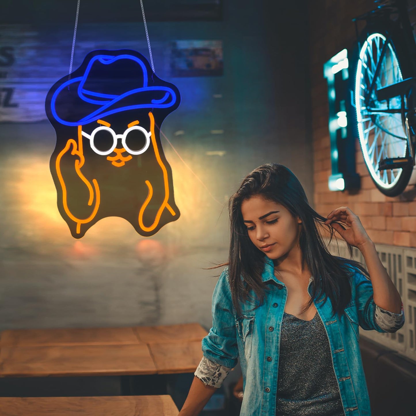 Qetibwk Cat Cowboy Neon Sign for Wall Decor Led Neon Signs Light Up Sign Room Decor Neon Lights Sign USB Powered