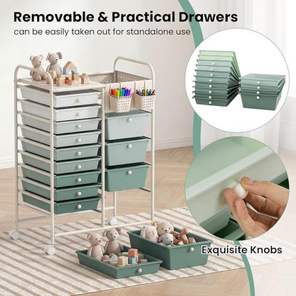 GOFLAME 14-Drawer Rolling Storage Cart with Pegboard, Craft Storage Cart with Lockable Wheels and Metal Frame, Art Cart Supply Storage Organizer for Home Office Classroom, Green Gradient