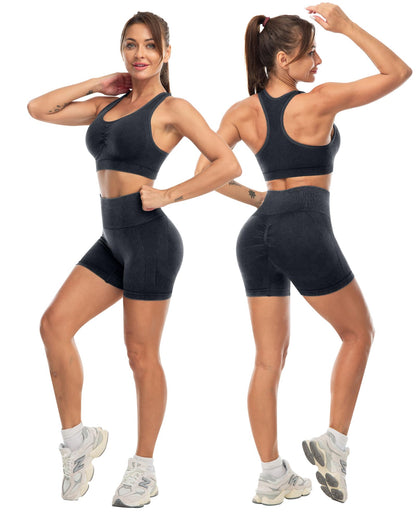 SALSPOR 3 Piece Workout Sets for Women Butt Lifting Leggings with High Impact Sports Bra Gym Shorts Activewear Matching Set(3DWX-Washed Black-M)