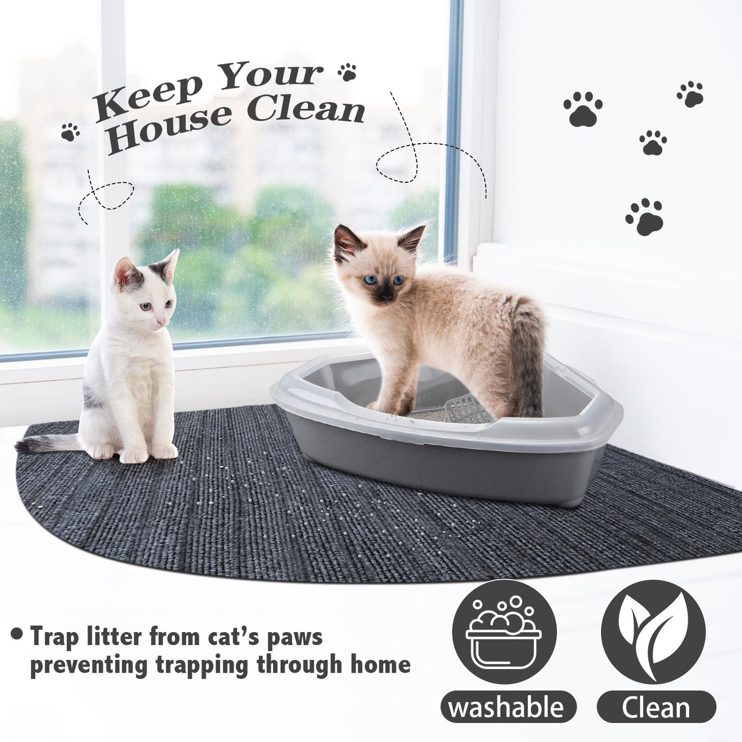 Tinideya 2 Pcs Corner Cat Litter Mat 29 Inch for Corner Machine Washable Litter Mat Ridged Design Fan Shaped Absorbent Cat Litter Rug for Box Less Waste Space(Gray)