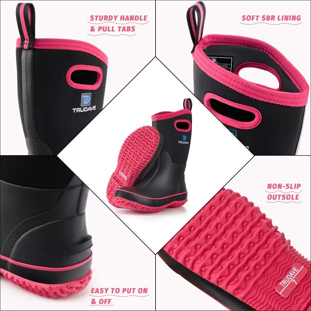 Trudave Rubber Boots for Women, Mid Calf Rain Boots, Womens Waterproof Boots, Neoprene Insulated Outdoor Work Mud Boots for Hunting Farming Gardening Fishing, Pink, Size 10
