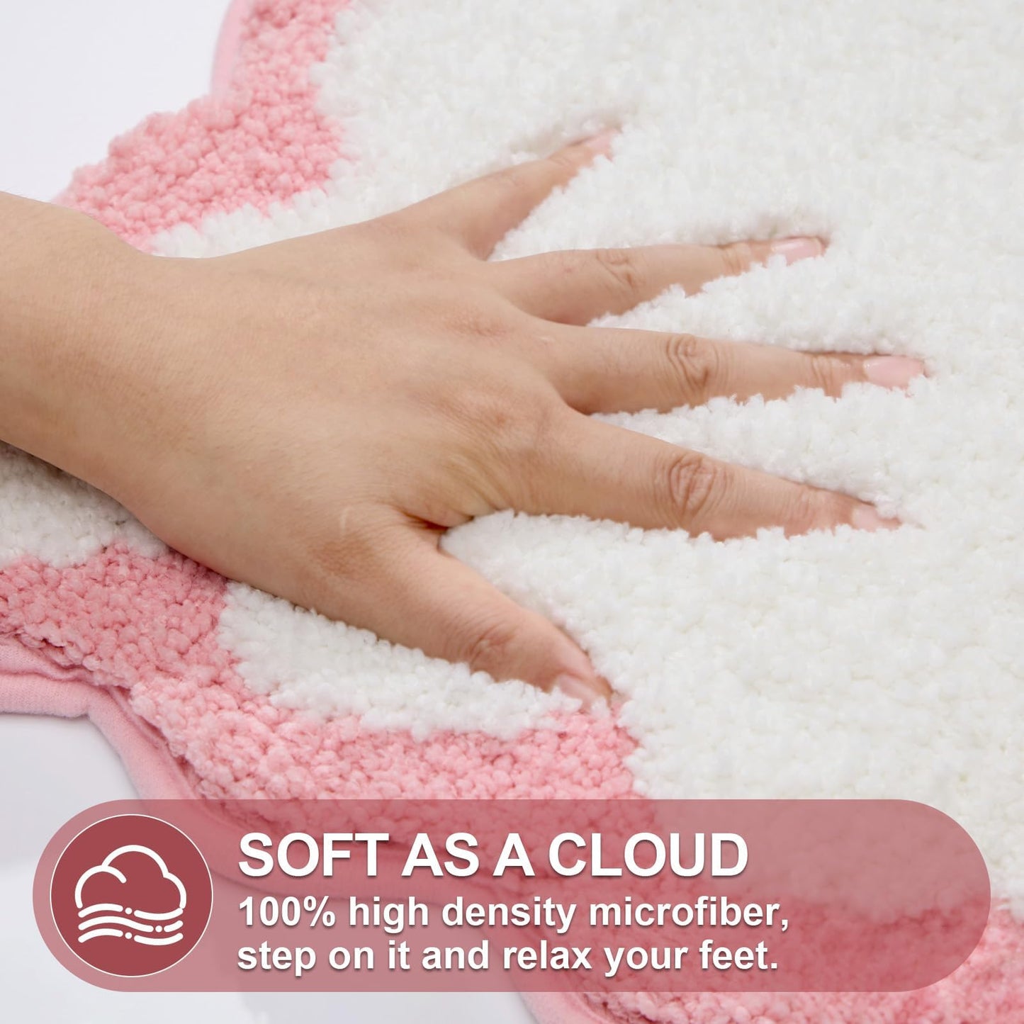 ORTIGIA Small Cute Scalloped Bath Mat, White and Pink Plush Microfiber Scallop Bathroom Rugs Non Slip Washable Quick Dry Absorbent, Bathmat for Shower Stall Vanities Kitchen Floor Entrance, 17x24