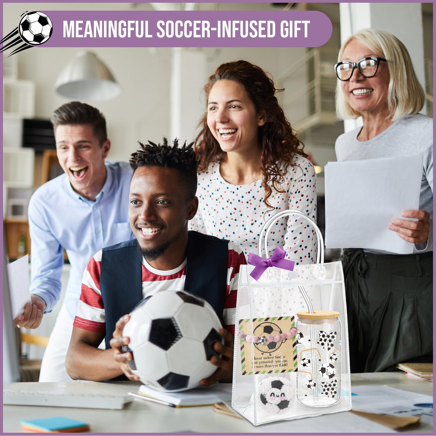 Roshtia 6 Pcs Soccer Lover Gifts Straw Glass Cup Support Doll Natural Stone Bracelet with Ribbon Card Bag Office Inspirational Gift for Coworker Team Player Sport Party Favor