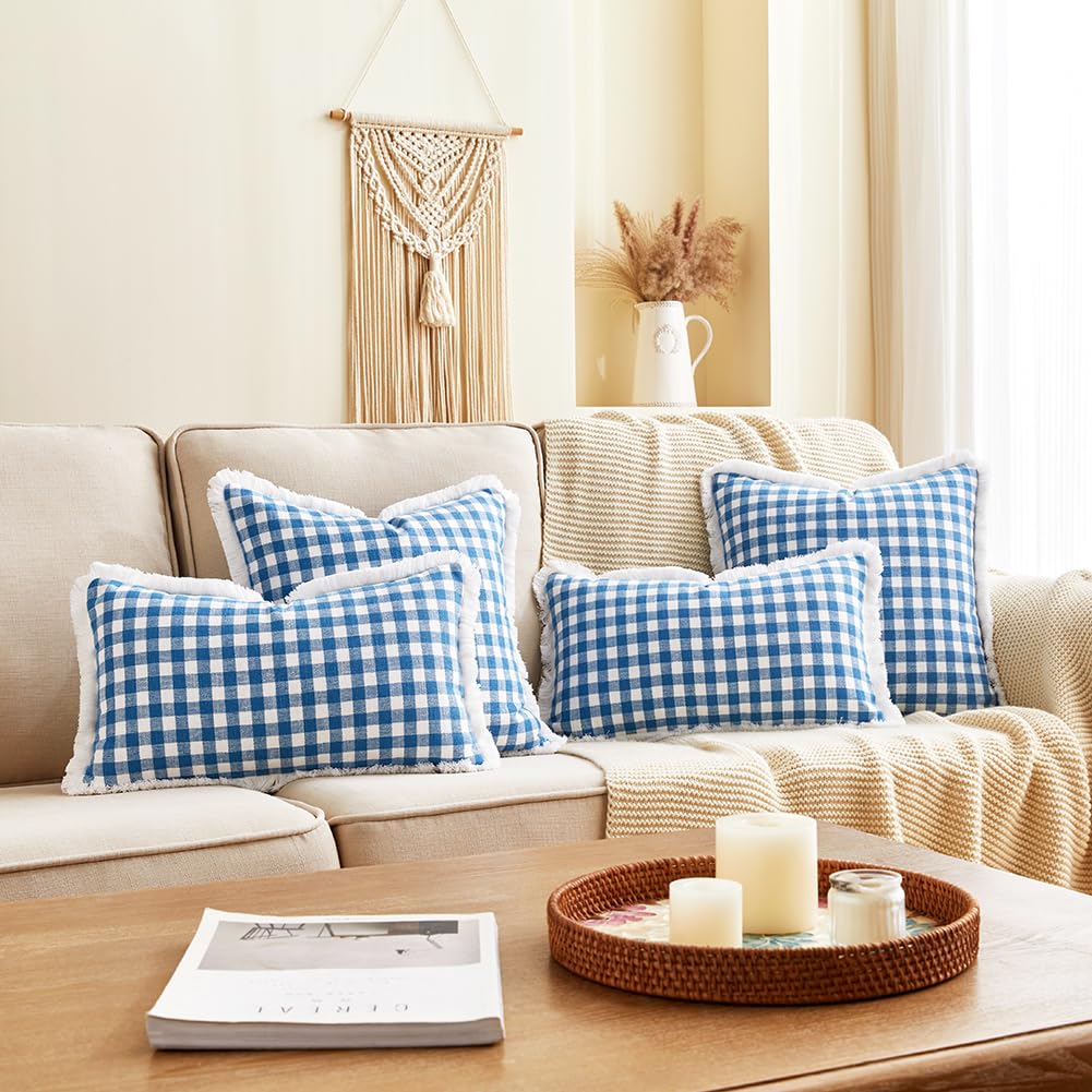 18x18 Blue and White Gingham Striped Throw Pillow Covers with Ruffle Trim